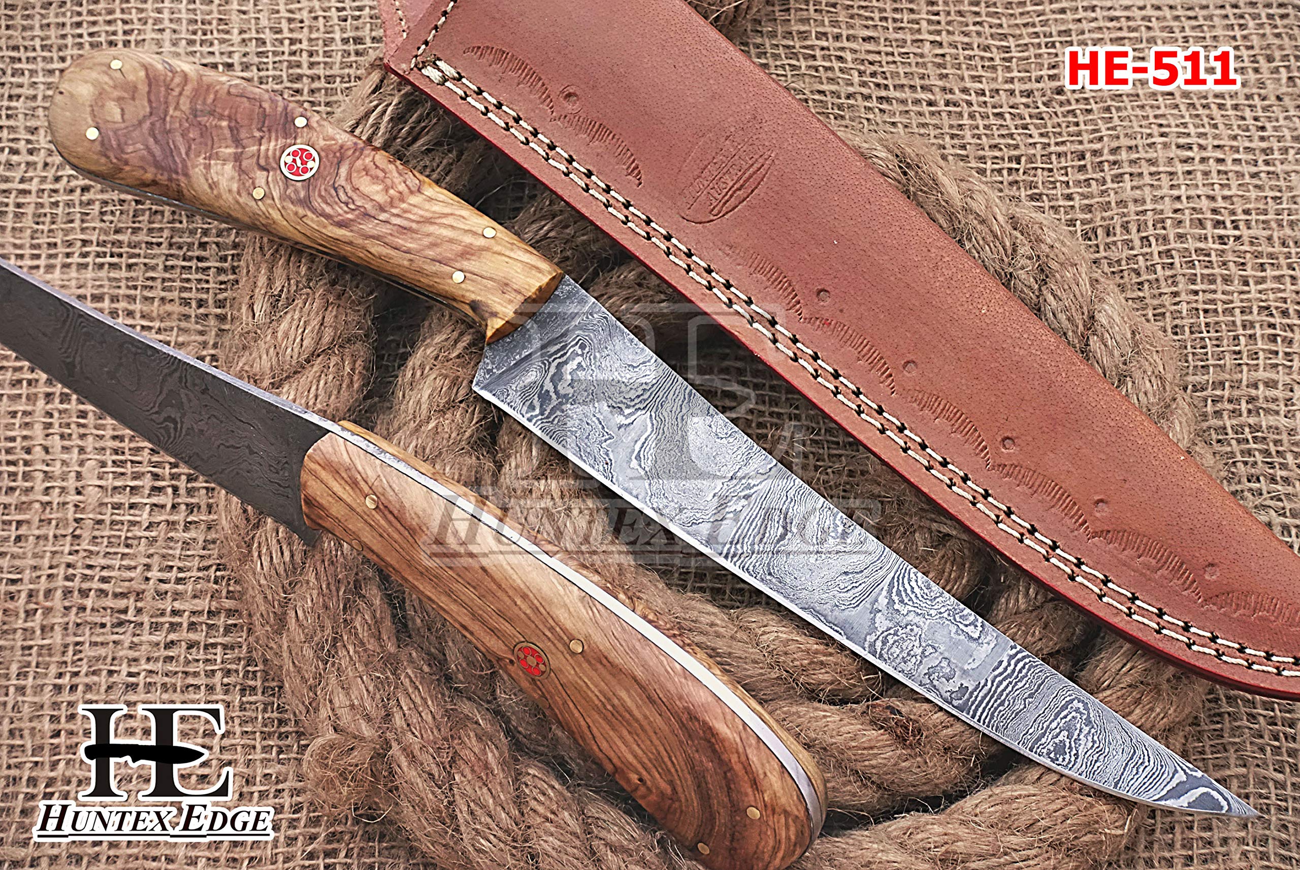 HUNTEX Handmade Hand-Forged Twist Pattern Damascus Steel 11.5 Inch Long Full Tang Olive Wood Handle Razor Sharp Hunting Camping Fillet Knife w/Genuine Leather Pouch