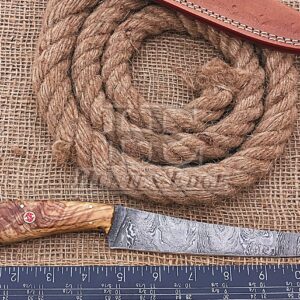 HUNTEX Handmade Hand-Forged Twist Pattern Damascus Steel 11.5 Inch Long Full Tang Olive Wood Handle Razor Sharp Hunting Camping Fillet Knife w/Genuine Leather Pouch