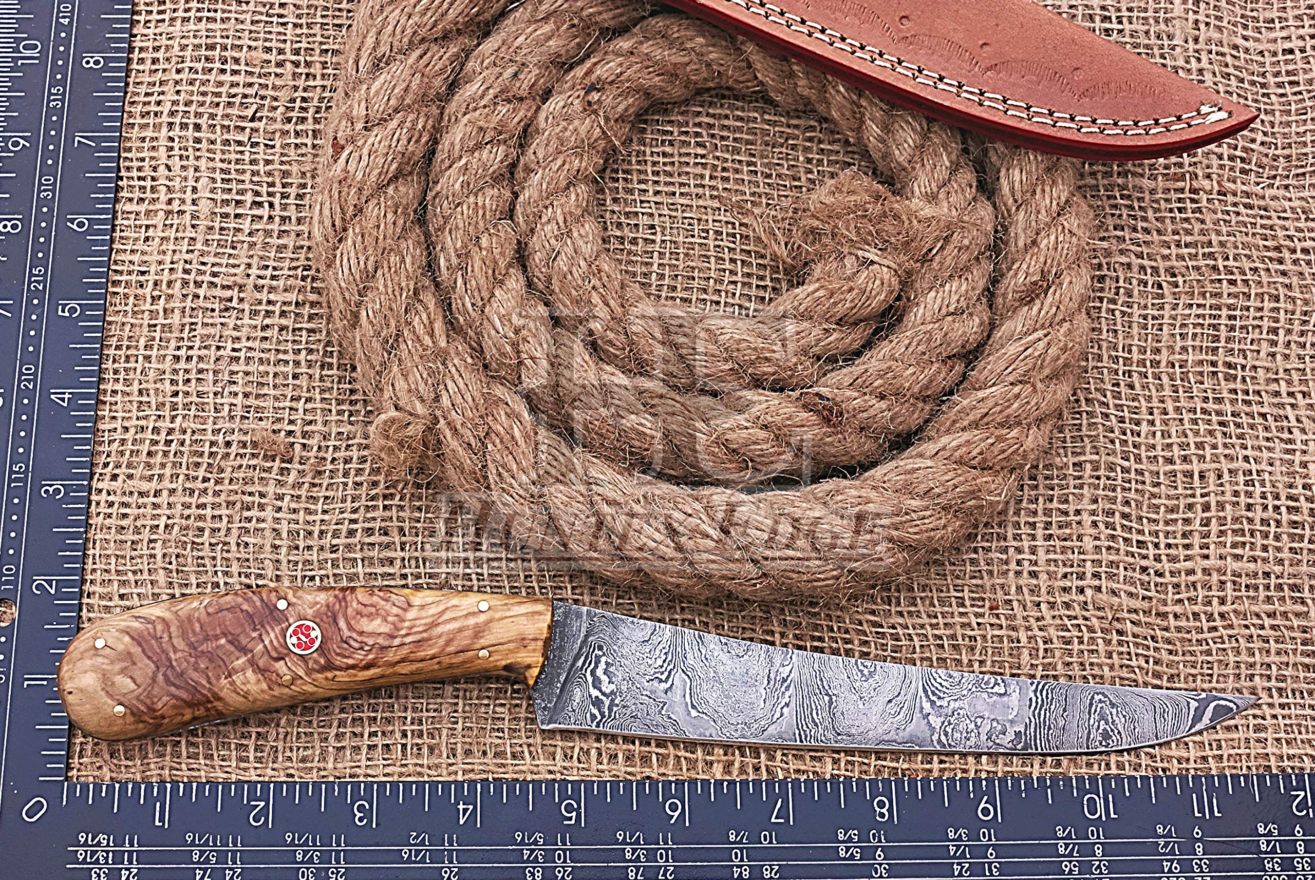 HUNTEX Handmade Hand-Forged Twist Pattern Damascus Steel 11.5 Inch Long Full Tang Olive Wood Handle Razor Sharp Hunting Camping Fillet Knife w/Genuine Leather Pouch