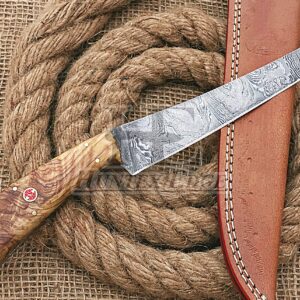 HUNTEX Handmade Hand-Forged Twist Pattern Damascus Steel 11.5 Inch Long Full Tang Olive Wood Handle Razor Sharp Hunting Camping Fillet Knife w/Genuine Leather Pouch