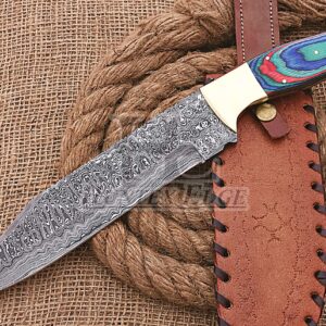 HUNTEX Handmade Hand-Forged Rain Drop Pattern Damascus Steel 14 Inch Long Full Tang Pakka Wood Handle Razor Sharp Hunting Camping Bowie Knife w/Genuine Leather Sheath