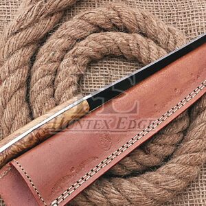 HUNTEX Handmade Hand-Forged Twist Pattern Damascus Steel 11.5 Inch Long Full Tang Olive Wood Handle Razor Sharp Hunting Camping Fillet Knife w/Genuine Leather Pouch