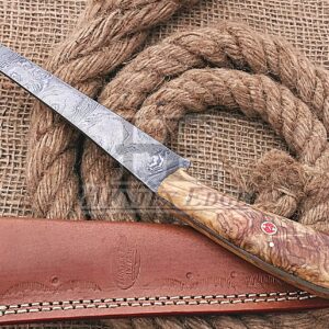 HUNTEX Handmade Hand-Forged Twist Pattern Damascus Steel 11.5 Inch Long Full Tang Olive Wood Handle Razor Sharp Hunting Camping Fillet Knife w/Genuine Leather Pouch