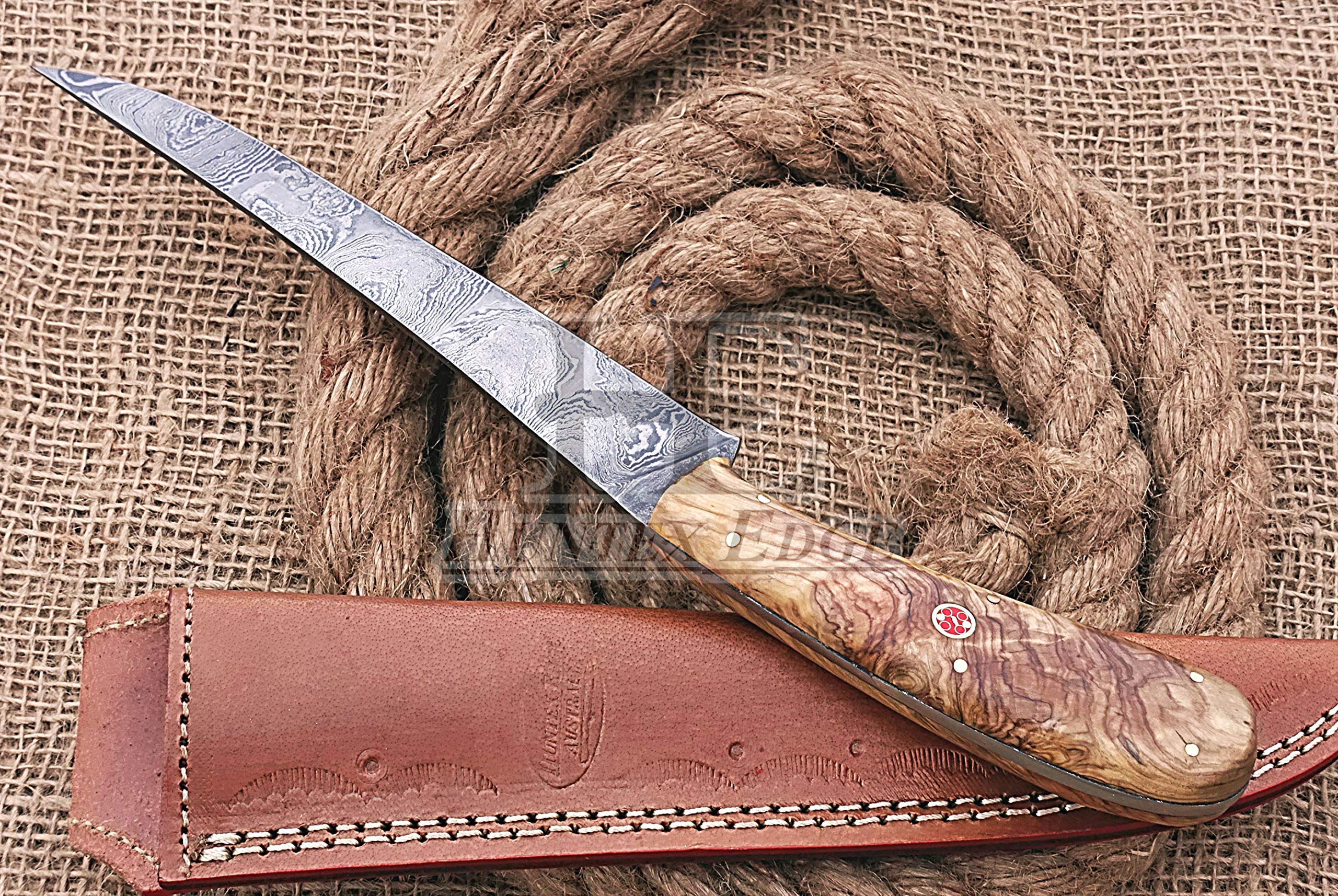 HUNTEX Handmade Hand-Forged Twist Pattern Damascus Steel 11.5 Inch Long Full Tang Olive Wood Handle Razor Sharp Hunting Camping Fillet Knife w/Genuine Leather Pouch