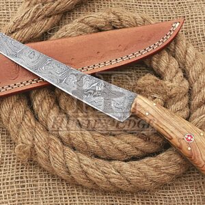 HUNTEX Handmade Hand-Forged Twist Pattern Damascus Steel 11.5 Inch Long Full Tang Olive Wood Handle Razor Sharp Hunting Camping Fillet Knife w/Genuine Leather Pouch