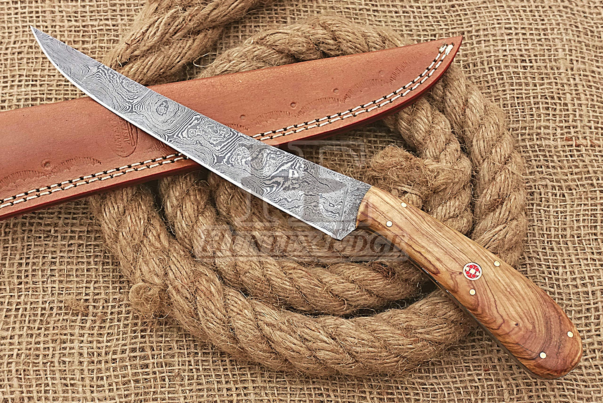 HUNTEX Handmade Hand-Forged Twist Pattern Damascus Steel 11.5 Inch Long Full Tang Olive Wood Handle Razor Sharp Hunting Camping Fillet Knife w/Genuine Leather Pouch