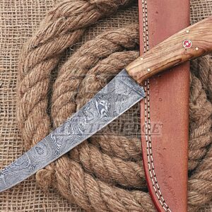 HUNTEX Handmade Hand-Forged Twist Pattern Damascus Steel 11.5 Inch Long Full Tang Olive Wood Handle Razor Sharp Hunting Camping Fillet Knife w/Genuine Leather Pouch