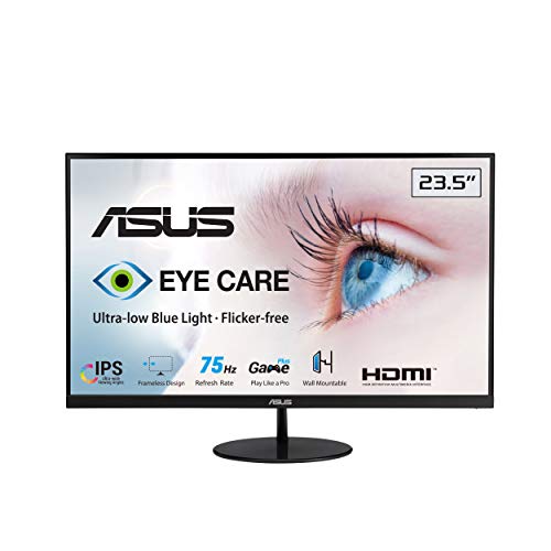 ASUS VL249HE 23.8” Eye Care Monitor, 1080P Full HD, 75Hz, IPS, Adaptive-Sync/FreeSync, Eye Care, HDMI VGA, Frameless Slim Design, VESA Wall Mountable