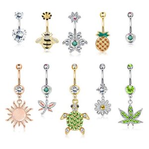 yadoca 10 pcs 14g dangle belly button rings for women stainless steel cute navel rings body piercing jewelry set