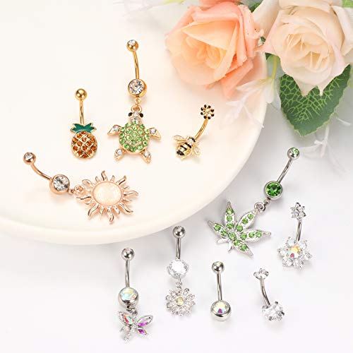 YADOCA 10 Pcs 14G Dangle Belly Button Rings for Women Stainless Steel Cute Navel Rings Body Piercing Jewelry Set