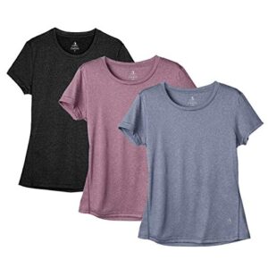 icyzone workout running tshirts for women - fitness athletic yoga tops exercise gym shirts (pack of 3) (l, black/navy/rose wine)