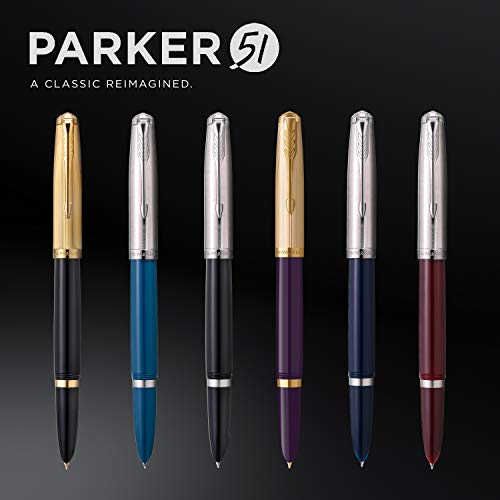 Parker 51 Fountain Pen | Deluxe Black Barrel with Gold Trim | Fine 18k Gold Nib with Black Ink Cartridge | Gift Box