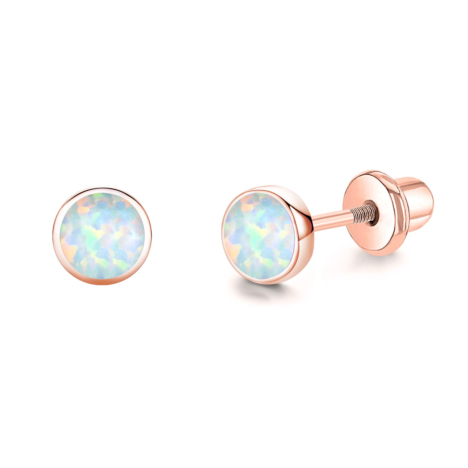 TANGPOET Rose Gold Screw Back Stud Earrings for Women Tiny Comfy White Opal Earrings 925 Sterling Silver Hypoallergenic Earring for Sensitive Ears Birthday Gifts for Ladies