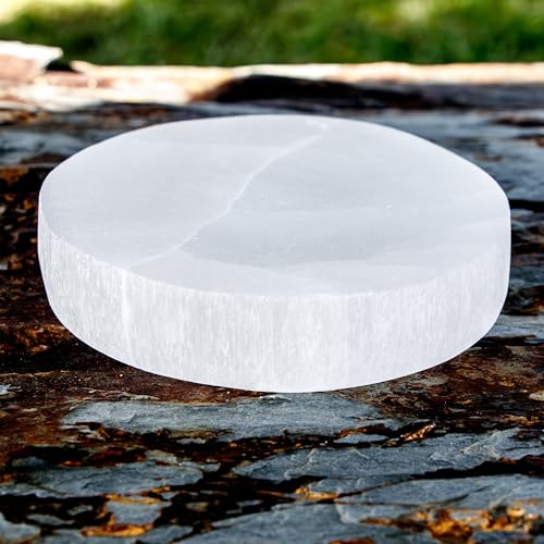 Om Zone Selenite Charging Plate for Cleansing Crystals & Healing Stones, Meditation, Reiki, Protection Crystals, Spiritual Gift (1, 4" Round)