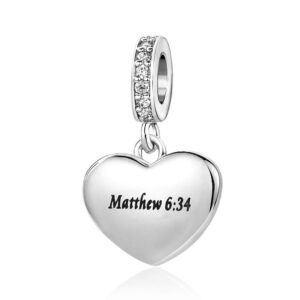 SBI Jewelry God Bible Cross Heart Charm Compatible with Pandora Charm Bracelets Mathew 6:34 Gift Bead Christmas Family Love Pendant Birthday Anniversary