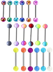 tanyoyo 14g 18 pcs colorful ball tongue rings stainless steel barbell tongue straight ring retainer nipple ring bar length 16mm for women men (18pcs colorful)