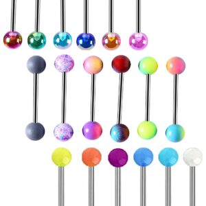 Tanyoyo 14G 18 Pcs Colorful Ball Tongue Rings Stainless Steel Barbell Tongue Straight Ring Retainer Nipple Ring Bar Length 16mm For Women Men (18PCS Colorful)