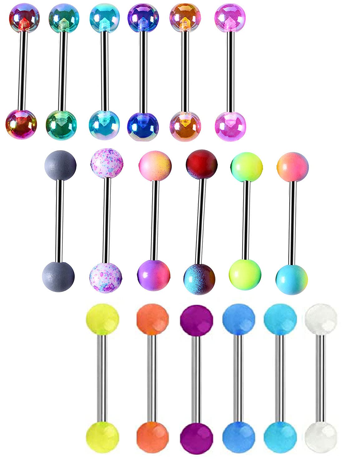 Tanyoyo 14G 18 Pcs Colorful Ball Tongue Rings Stainless Steel Barbell Tongue Straight Ring Retainer Nipple Ring Bar Length 16mm For Women Men (18PCS Colorful)