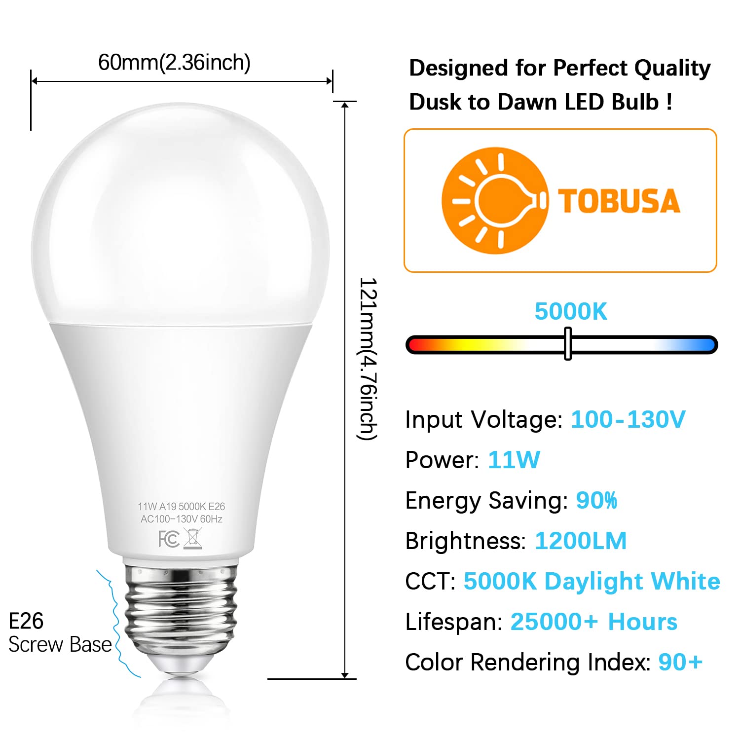 Dusk to Dawn Light Bulbs Outdoor 100 Watt Equivalent, 11W Automatic On/Off Sensor Light Bulb Daylight 5000K, A19 Outdoor LED Light Bulbs Photocell for Porch Garage Yard Security, E26 Base, 4-Pack