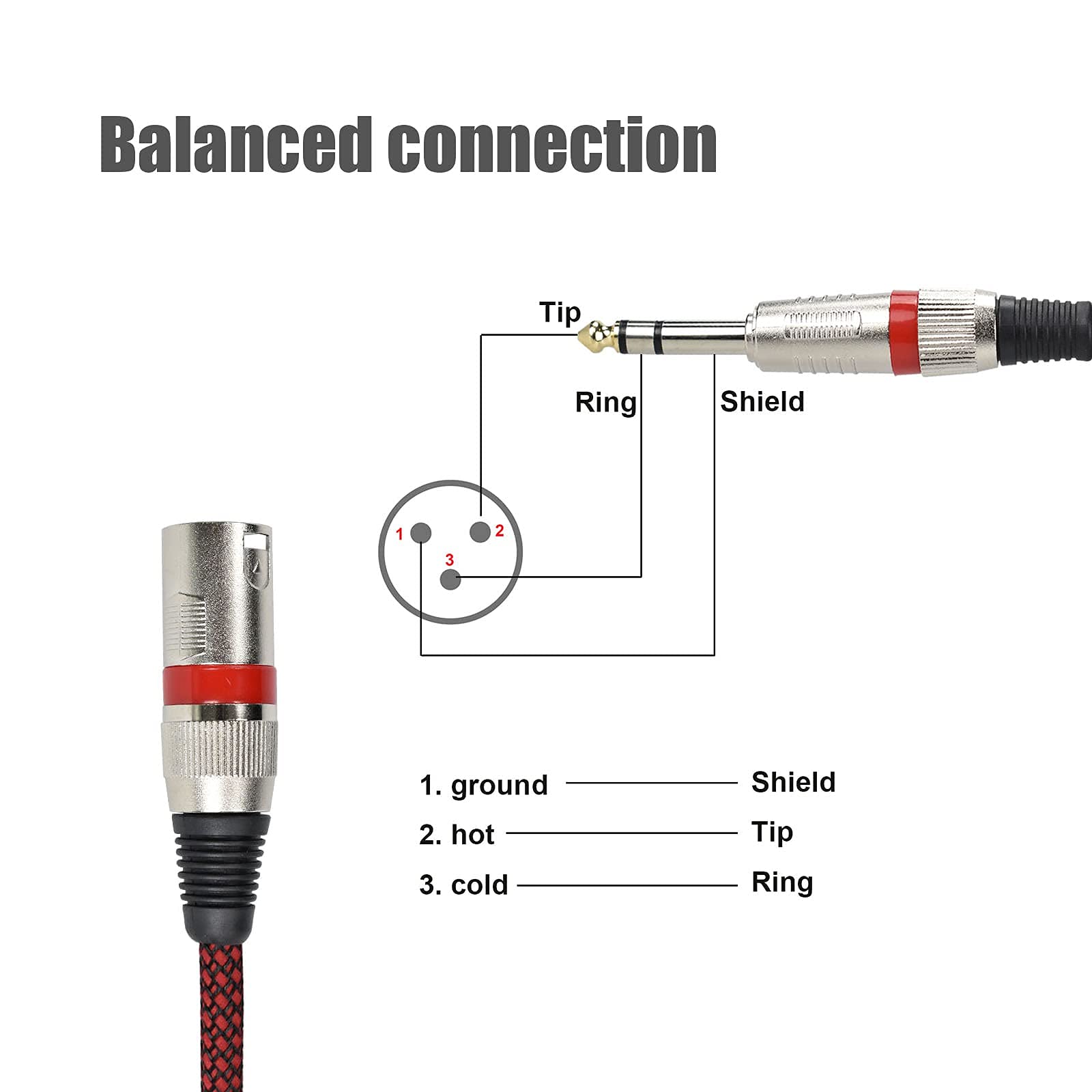 Mugteeve 1/4" TRS to XLR Male Cable Balanced - 6.6FT Quarter Inch Stereo to XLR Microphone Cord Adapter, Nylon Braided, OFC Shielded, Red Color, for Mixer, Monitor Speaker, Audio Interface, 2Pack