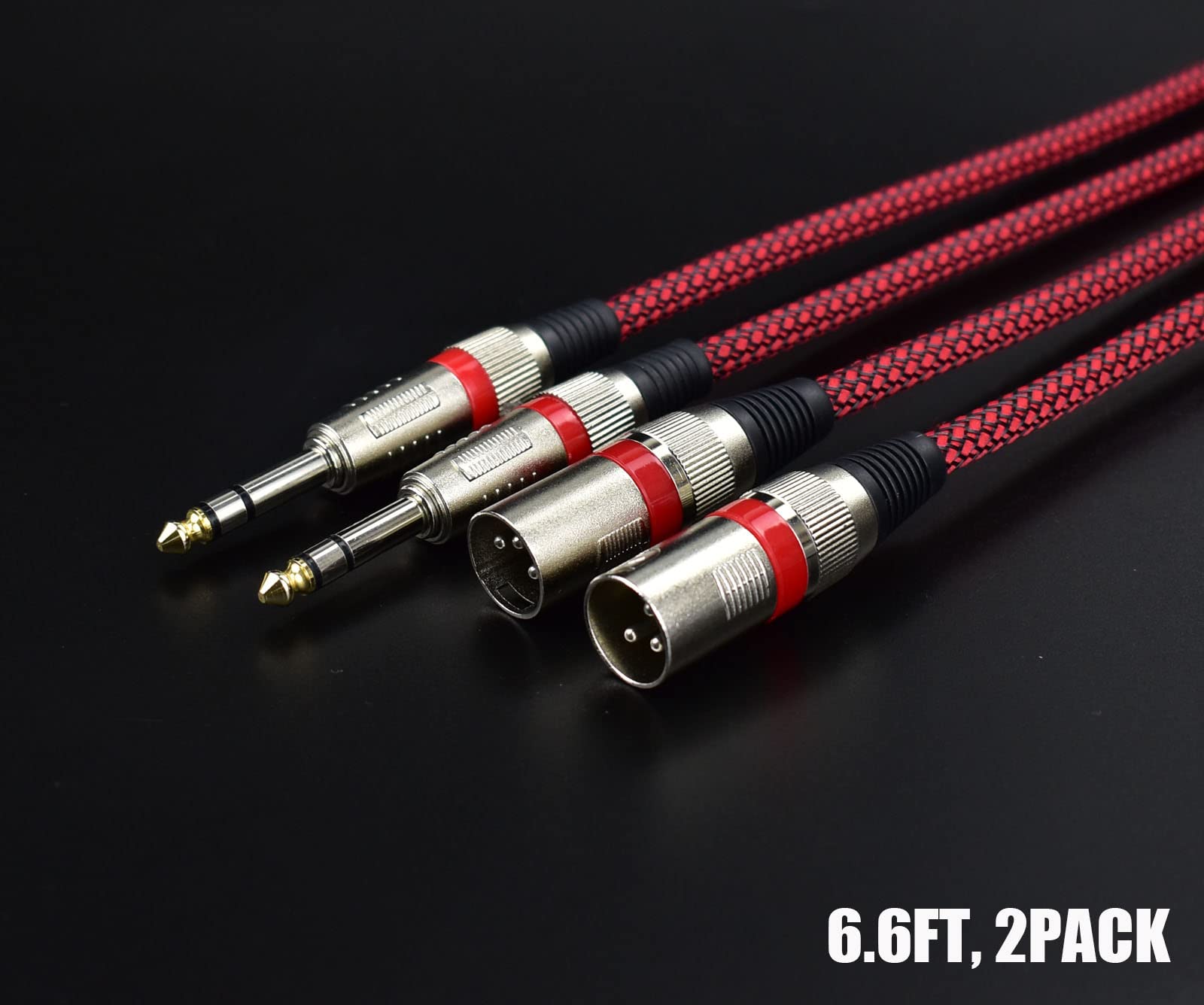 Mugteeve 1/4" TRS to XLR Male Cable Balanced - 6.6FT Quarter Inch Stereo to XLR Microphone Cord Adapter, Nylon Braided, OFC Shielded, Red Color, for Mixer, Monitor Speaker, Audio Interface, 2Pack