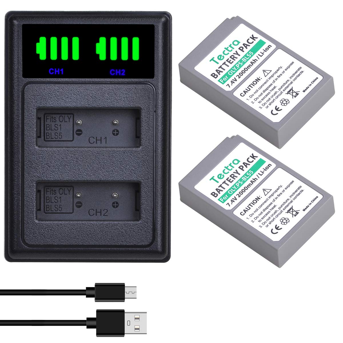 Tectra 2pcs BLS-5, BLS-50, PS-BLS5 Batteries + LED Dual Charger for Olympus OM-D E-M10, OM-D E-M10 Mark II, OM-D E-M10 Mark III, Pen E-PL2, E-PL5, E-PL6, E-PL7, E-PM2, Stylus 1 Cameras