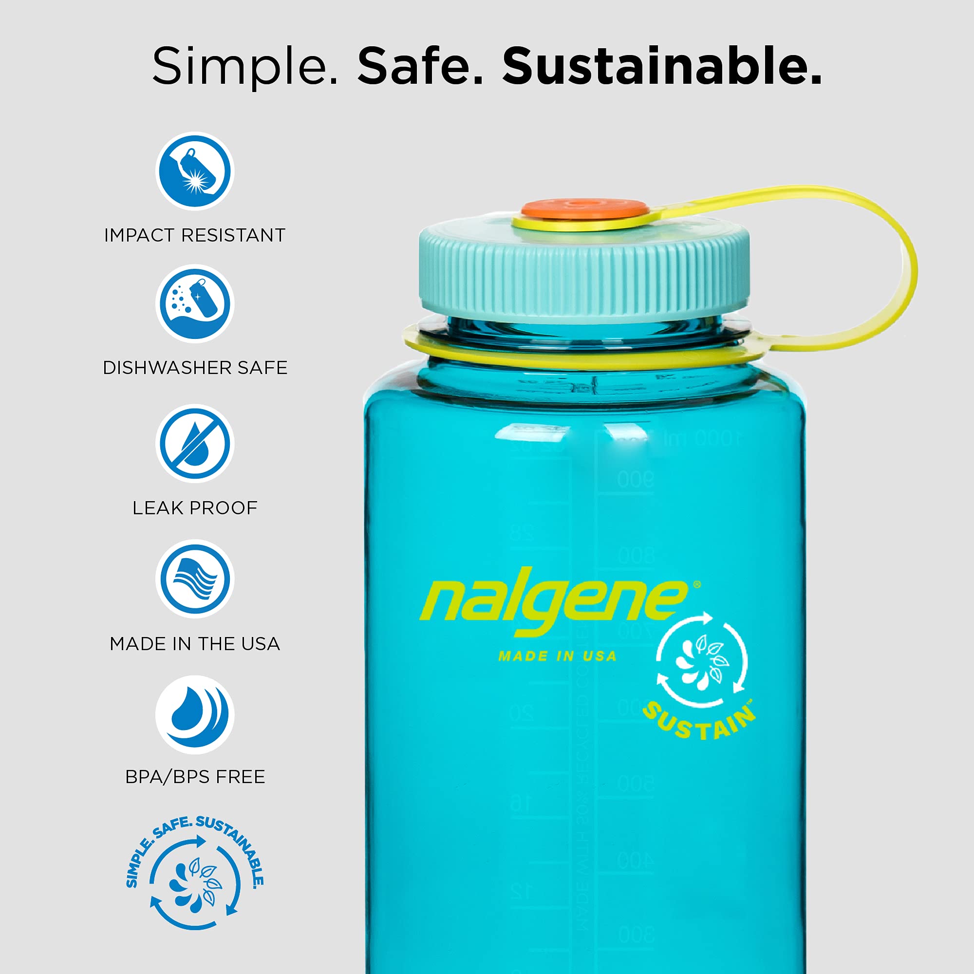 Nalgene Sustain Tritan BPA-Free Water Bottle Made with Material Derived from 50% Plastic Waste, 32 OZ, Wide Mouth, Cerulean