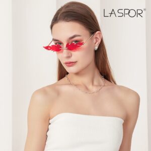 LASPOR Fire Flame Sunglasses for Women Men Retro Wave Rimless Glasses Vintage Fire Shape Gold Metal Frameless Eyewear (Red No.2)