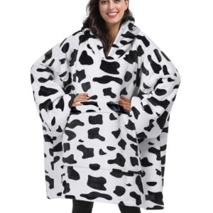 Cow Printed Oversized Hoodie Blanket Sweatshirt Pullover Sherpa Giant Wearable Blankets Gift for Adults Women Teenagers Wife Girlfriend Dalmation