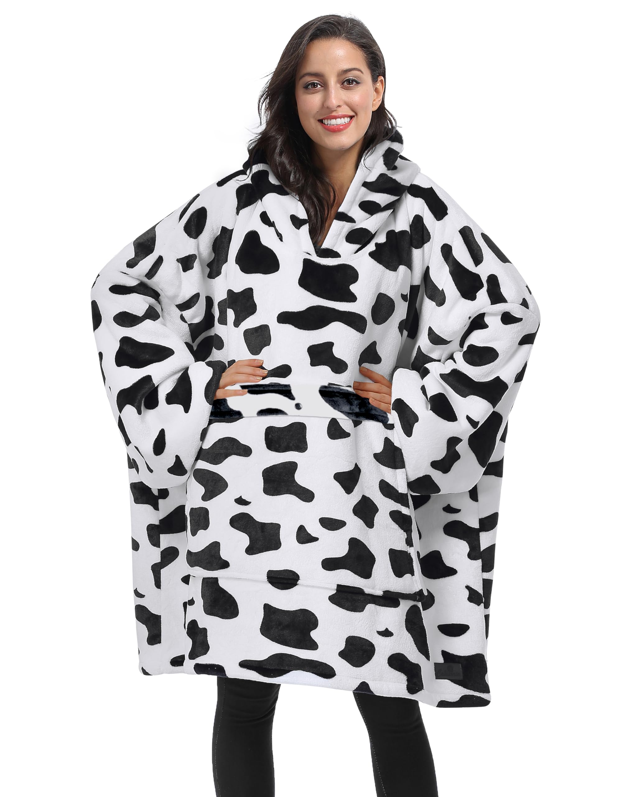 Cow Printed Oversized Hoodie Blanket Sweatshirt Pullover Sherpa Giant Wearable Blankets Gift for Adults Women Teenagers Wife Girlfriend Dalmation