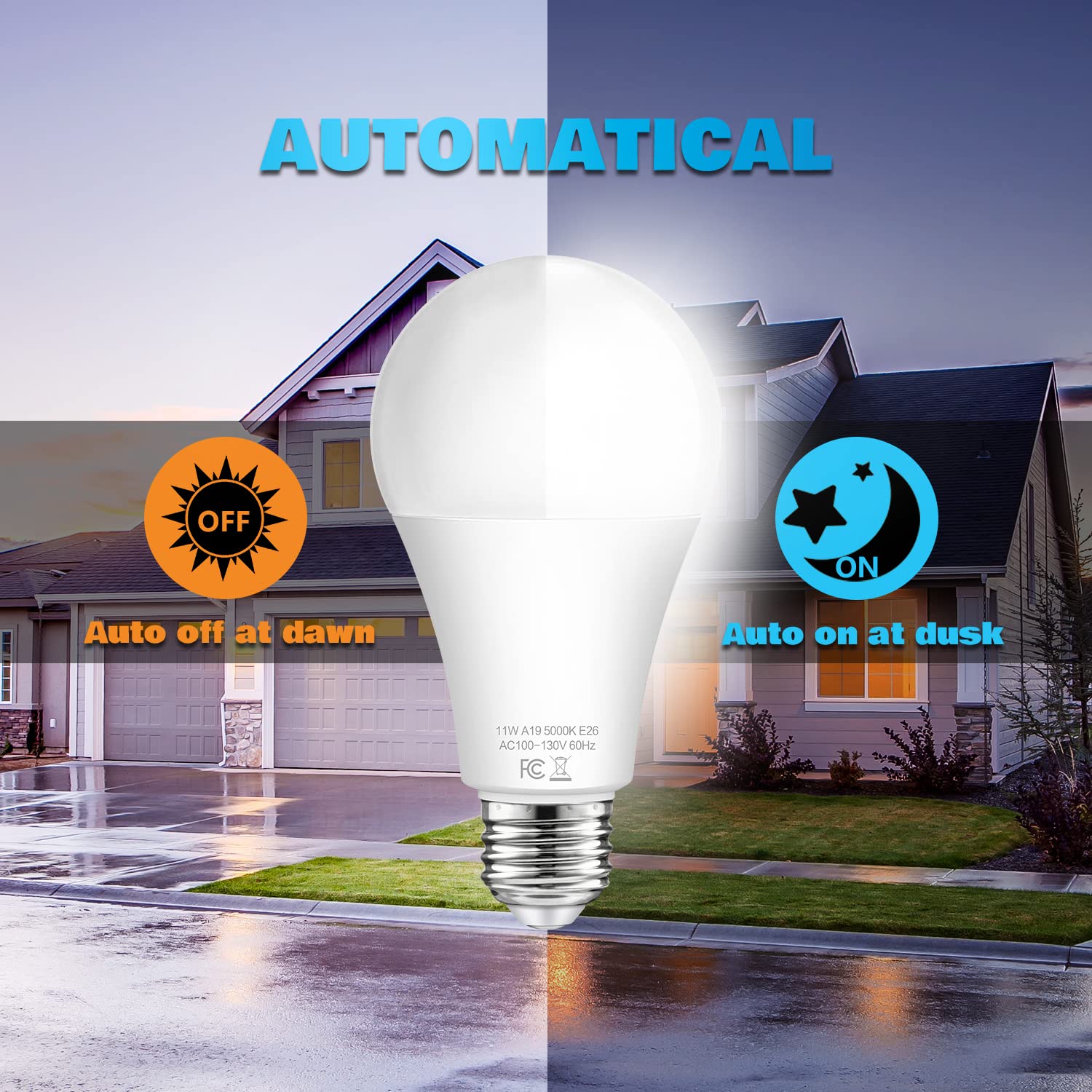 Dusk to Dawn Light Bulbs Outdoor 100 Watt Equivalent, 11W Automatic On/Off Sensor Light Bulb Daylight 5000K, A19 Outdoor LED Light Bulbs Photocell for Porch Garage Yard Security, E26 Base, 4-Pack