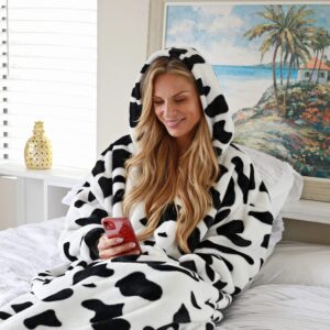 Cow Printed Oversized Hoodie Blanket Sweatshirt Pullover Sherpa Giant Wearable Blankets Gift for Adults Women Teenagers Wife Girlfriend Dalmation