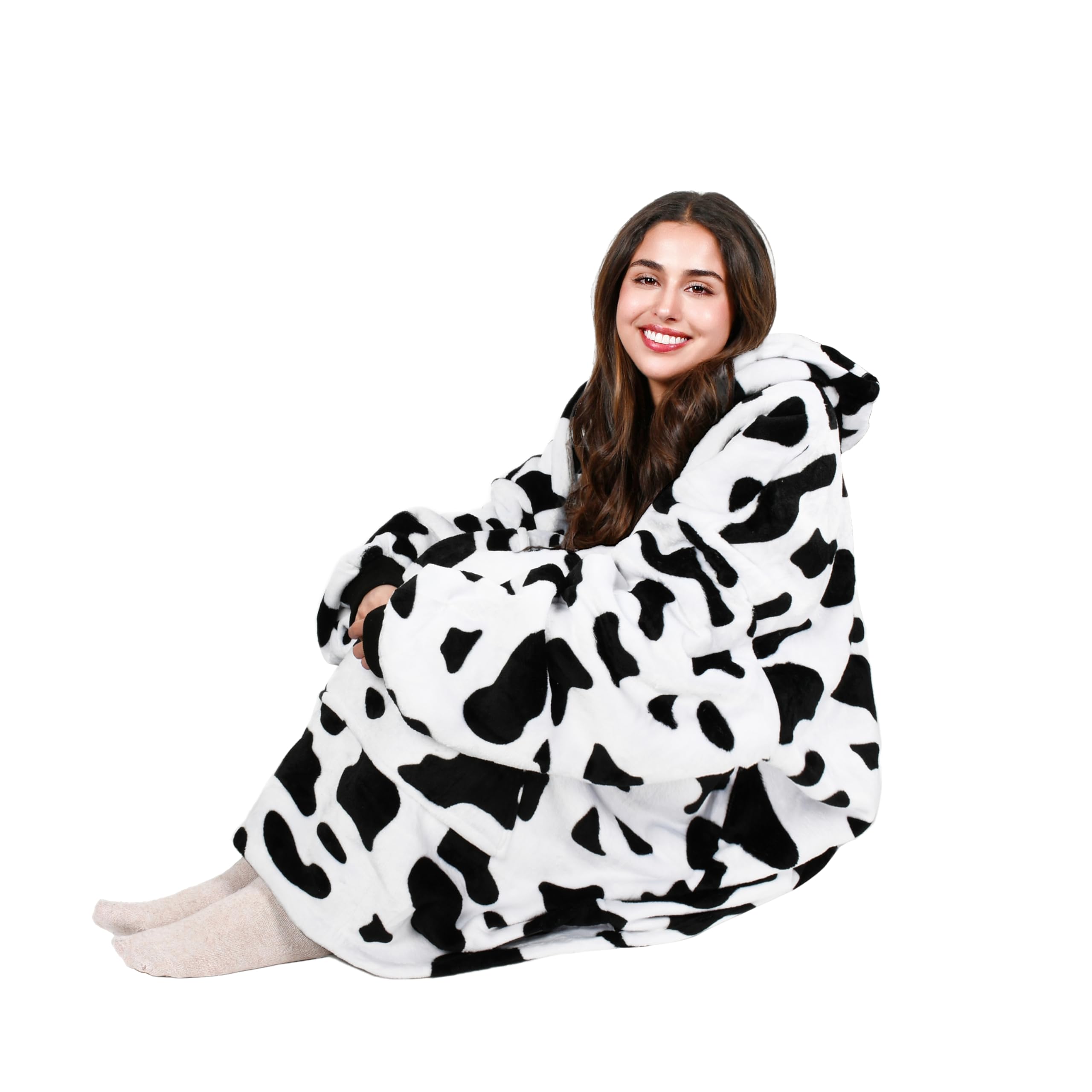 Cow Printed Oversized Hoodie Blanket Sweatshirt Pullover Sherpa Giant Wearable Blankets Gift for Adults Women Teenagers Wife Girlfriend Dalmation