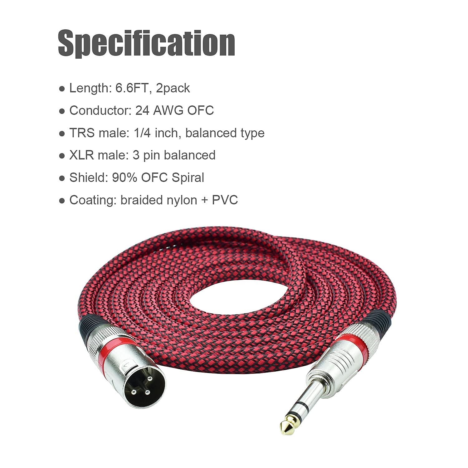 Mugteeve 1/4" TRS to XLR Male Cable Balanced - 6.6FT Quarter Inch Stereo to XLR Microphone Cord Adapter, Nylon Braided, OFC Shielded, Red Color, for Mixer, Monitor Speaker, Audio Interface, 2Pack