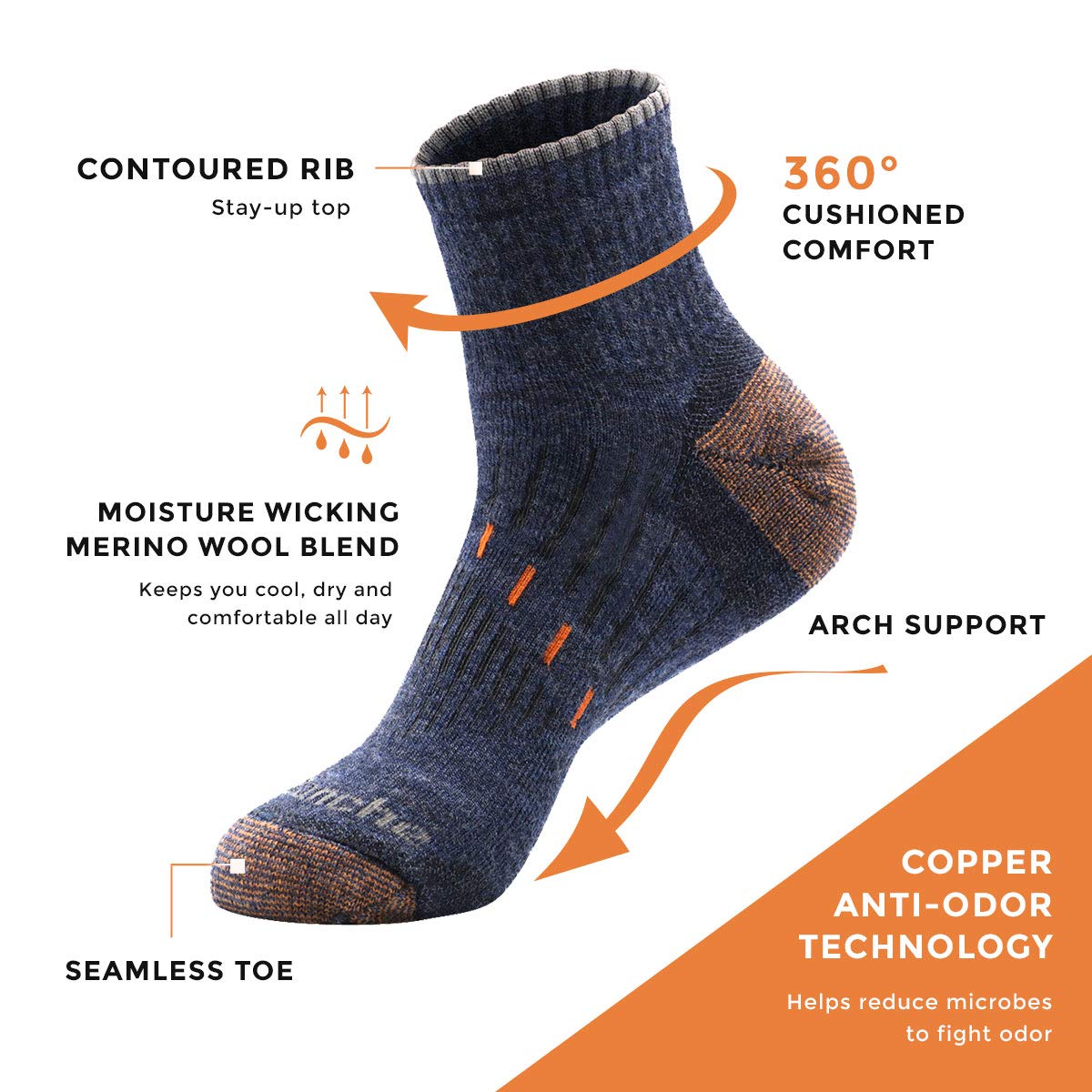 Avalanche Men's Odor Resistant Copper Wool Blend Crew Socks With Arch Support 2-Pack Black 10-13