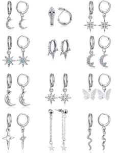 12 pairs dangle hoop earrings aesthetic huggie earrings with charms small drop pendant hoop earrings for women (silver)