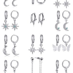 12 Pairs Dangle Hoop Earrings Aesthetic Huggie Earrings with Charms Small Drop Pendant Hoop Earrings for Women (Silver)