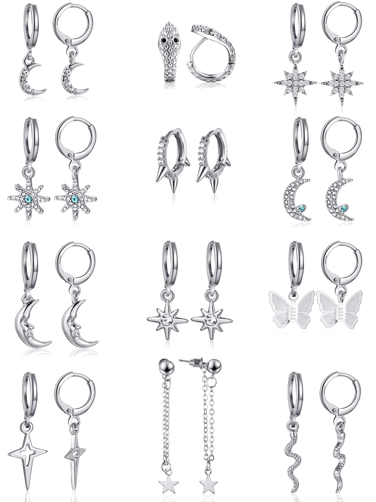 12 Pairs Dangle Hoop Earrings Aesthetic Huggie Earrings with Charms Small Drop Pendant Hoop Earrings for Women (Silver)