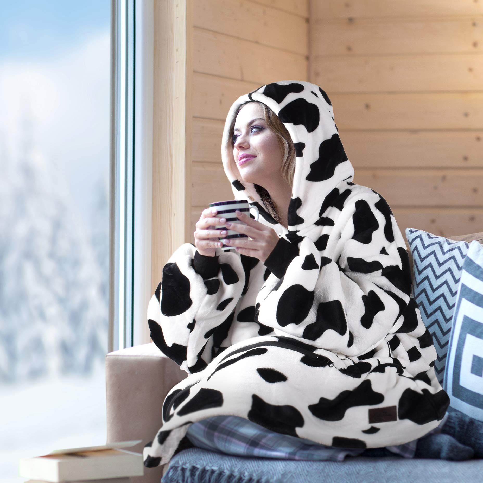 Cow Printed Oversized Hoodie Blanket Sweatshirt Pullover Sherpa Giant Wearable Blankets Gift for Adults Women Teenagers Wife Girlfriend Dalmation