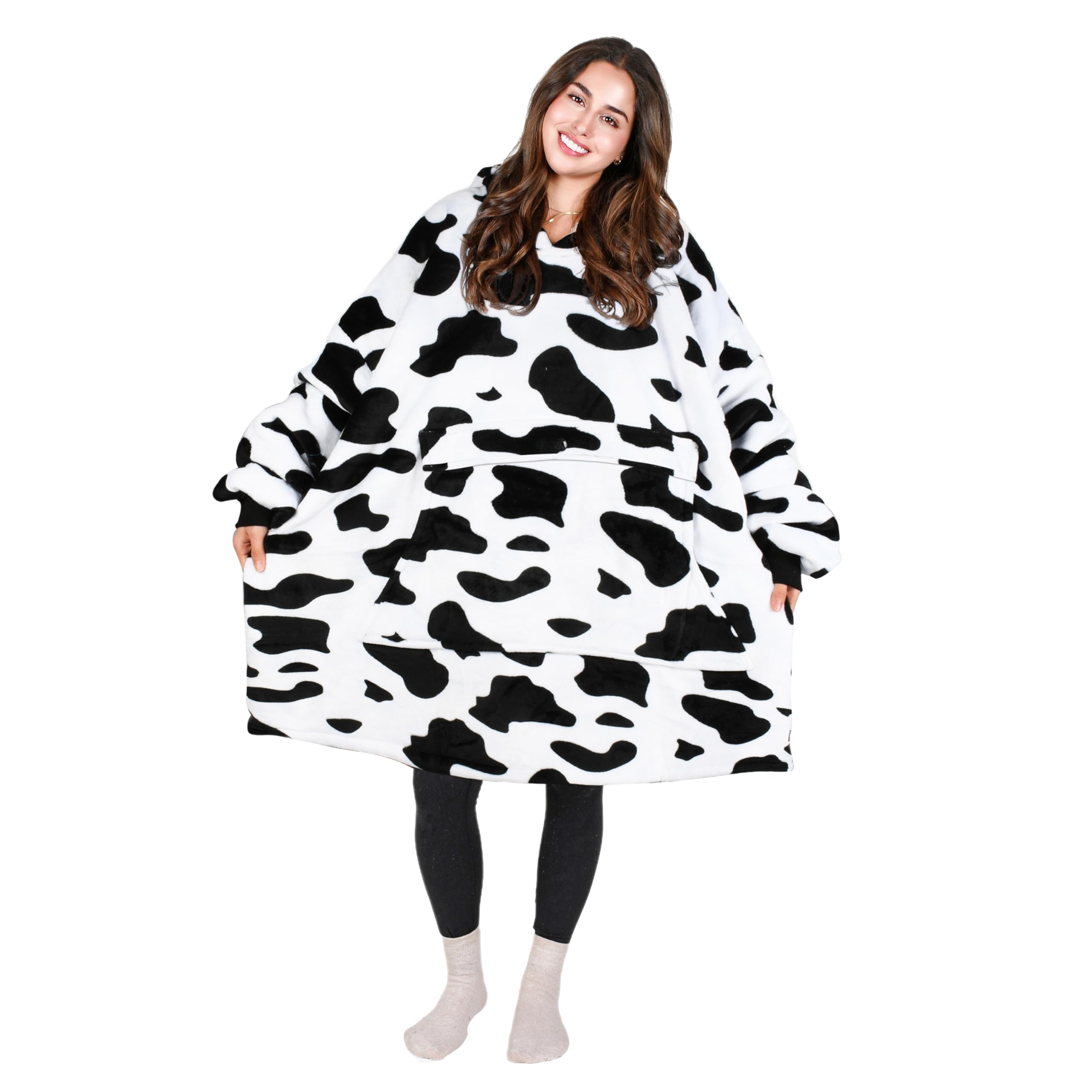 Cow Printed Oversized Hoodie Blanket Sweatshirt Pullover Sherpa Giant Wearable Blankets Gift for Adults Women Teenagers Wife Girlfriend Dalmation