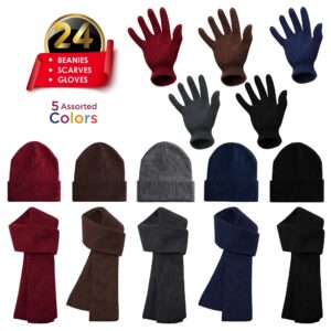 Moda West 72-Pack Gloves, Scarves, and Beanies - Wholesale Unisex Winter Accessories - Bulk 24 Glove Pairs, 24 Scarves, 24 Beanies