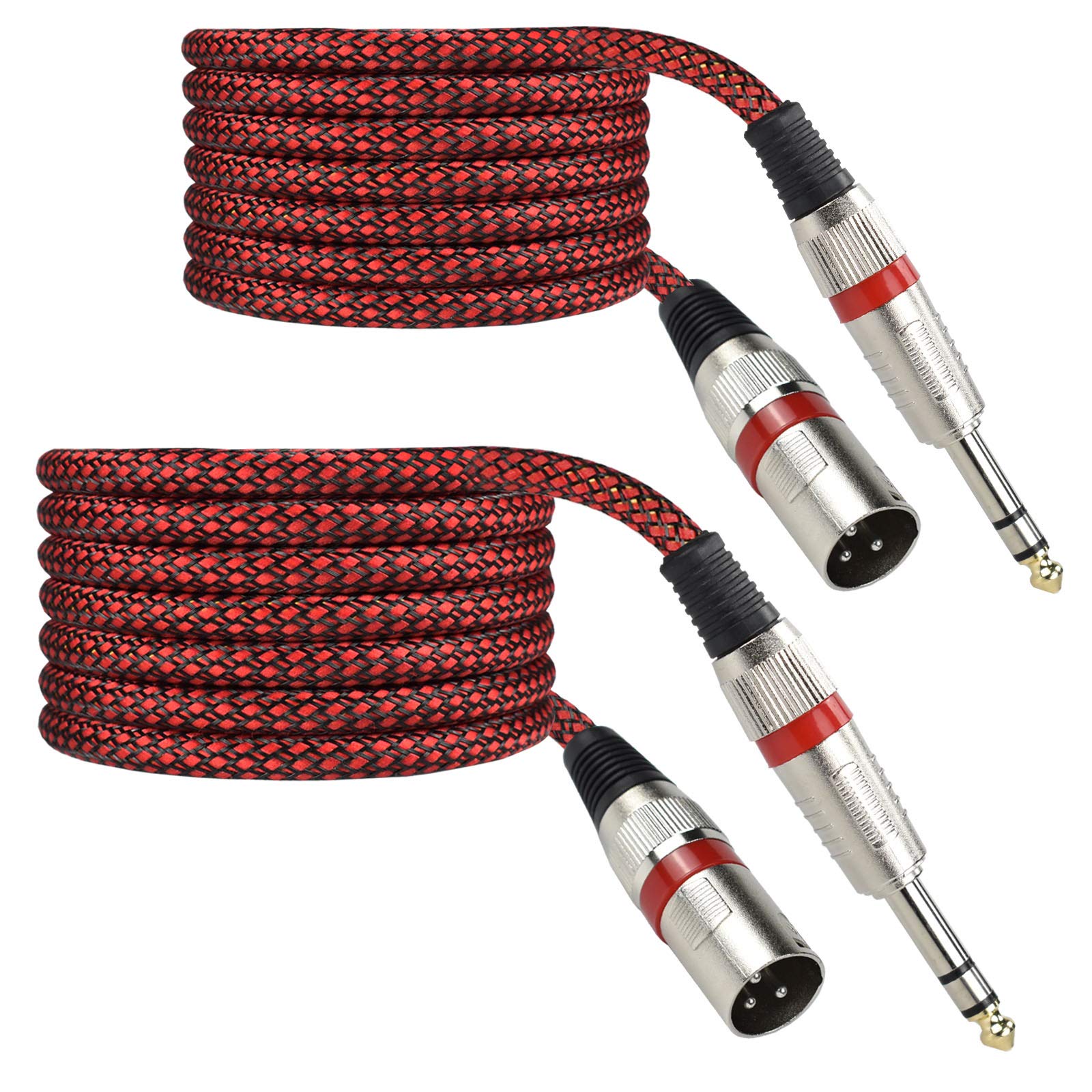 Mugteeve 1/4" TRS to XLR Male Cable Balanced - 6.6FT Quarter Inch Stereo to XLR Microphone Cord Adapter, Nylon Braided, OFC Shielded, Red Color, for Mixer, Monitor Speaker, Audio Interface, 2Pack