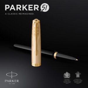 PARKER 51 Deluxe Fountain Pen | Black Barrel and Gold Attributes | Medium Nib in 18 Carat Gold | Black Ink Cartridge | Delivered in Gift Box