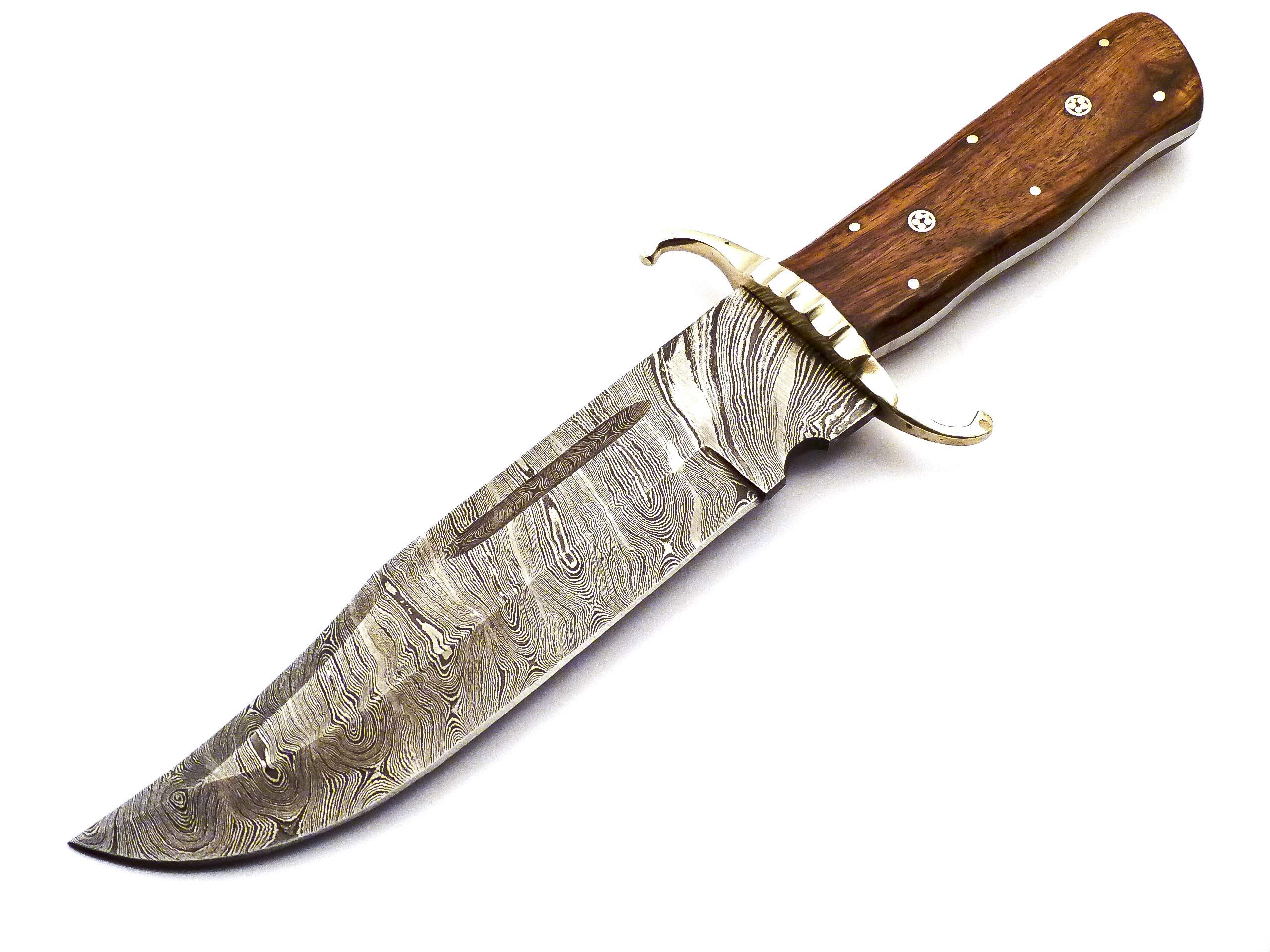 Skokie Knives Custom Hand Made Damascus Steel Hunting Bowie Knife Handle Walnut Wood With Mosic Pins And Brass Guard