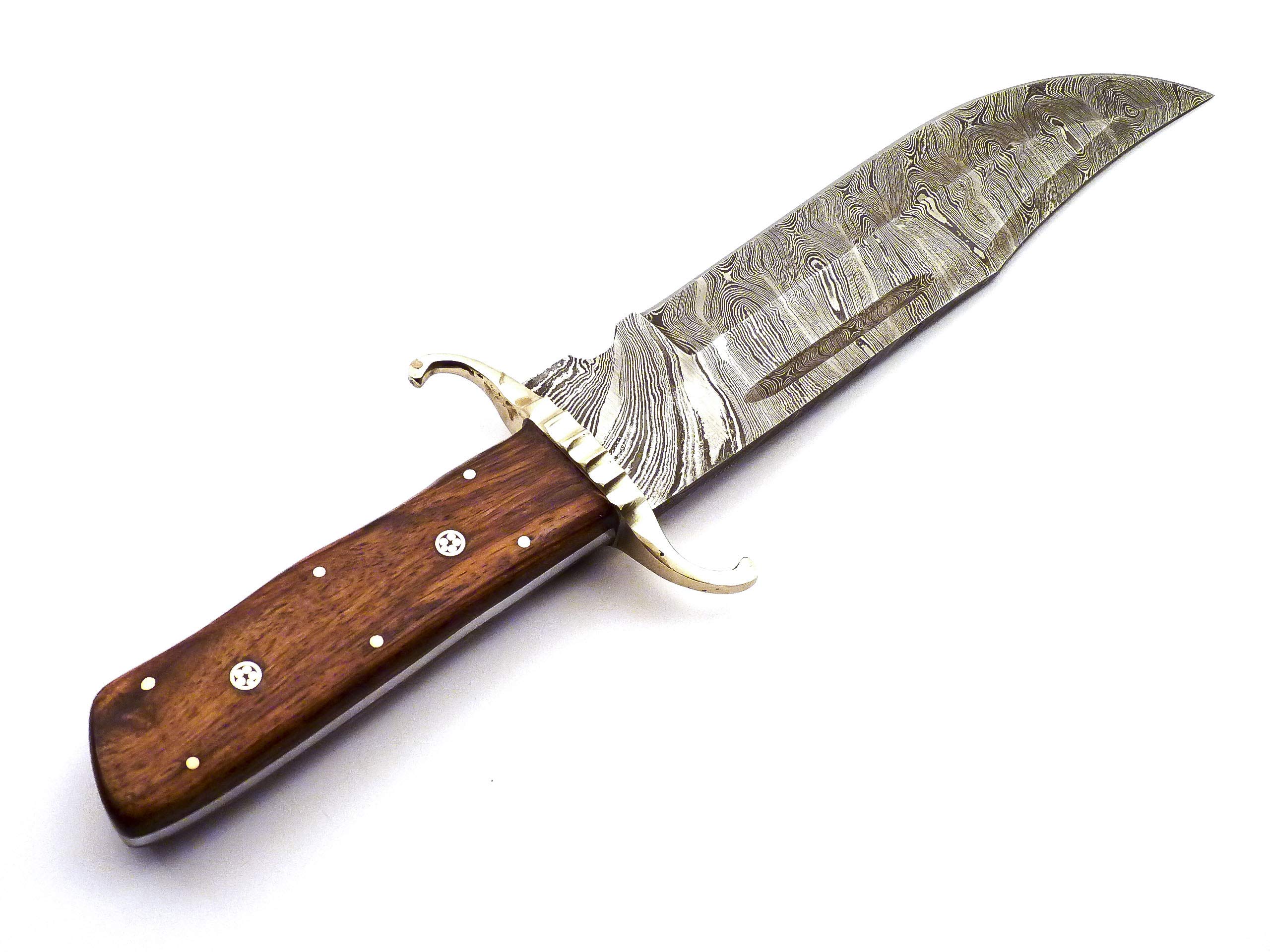 Skokie Knives Custom Hand Made Damascus Steel Hunting Bowie Knife Handle Walnut Wood With Mosic Pins And Brass Guard