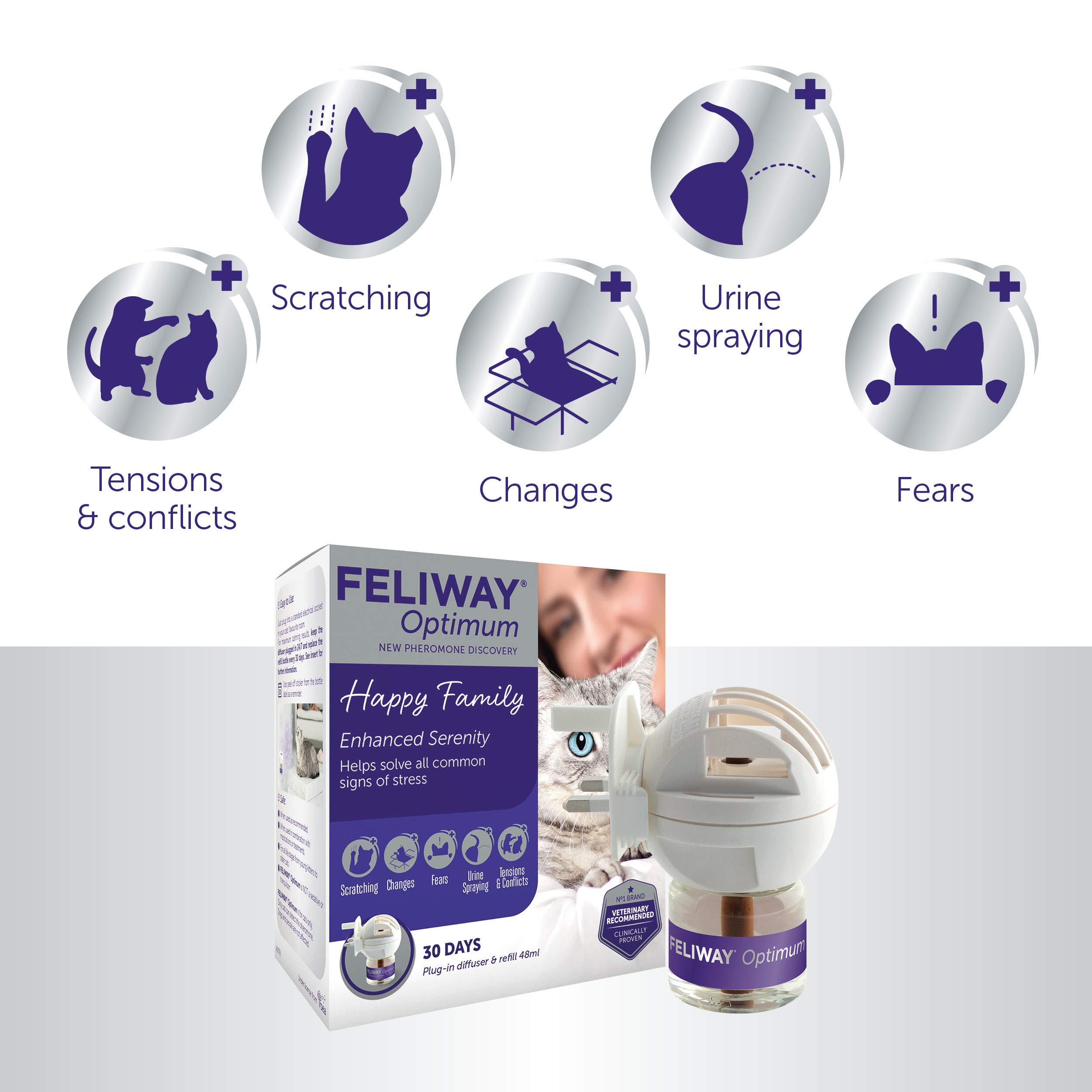 FELIWAY Optimum Diffuser & 30 Day Refill, The Best Solution to Ease cat Anxiety, cat Conflict and Stress in The Home, 48 ml (Pack of 1)