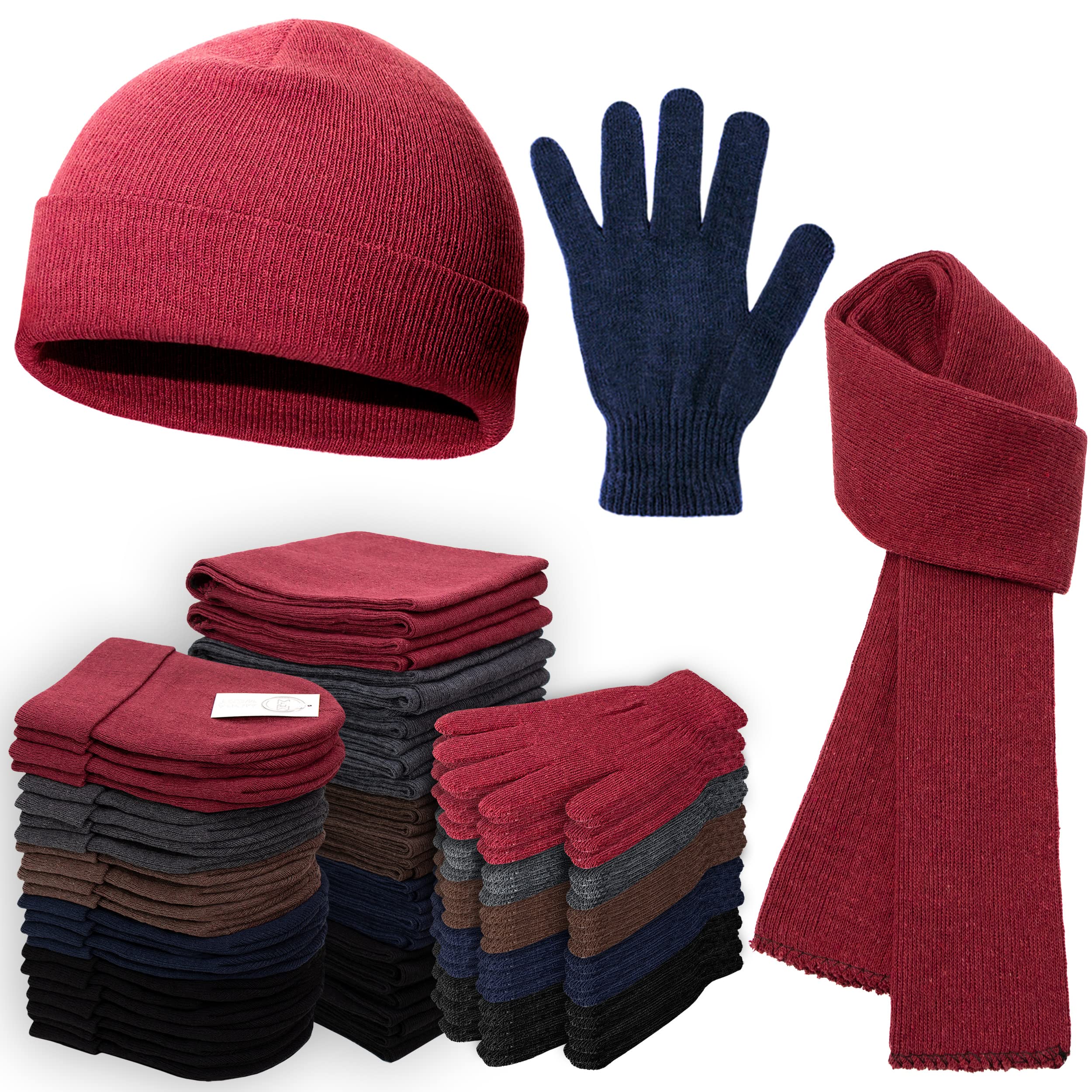 Moda West 72-Pack Gloves, Scarves, and Beanies - Wholesale Unisex Winter Accessories - Bulk 24 Glove Pairs, 24 Scarves, 24 Beanies