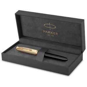 parker 51 deluxe fountain pen | black barrel and gold attributes | medium nib in 18 carat gold | black ink cartridge | delivered in gift box