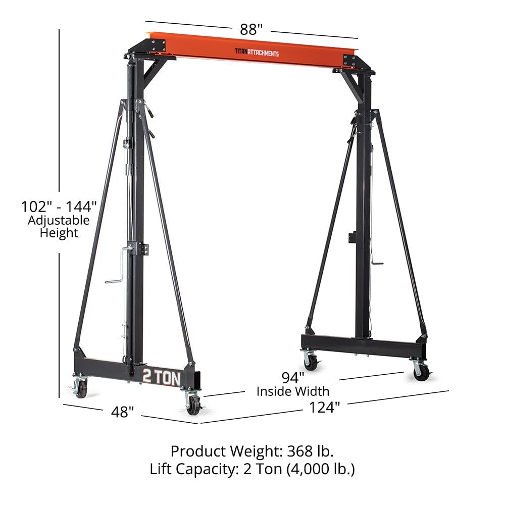 Titan Attachments Telescoping Gantry Crane, 2 Ton Capacity, Shop Lift Hoist Rated 2,000 LB, Portable Design with Locking Wheels, Adjustable Height up to 12 FT, Durable Steel Construction, Frame Only