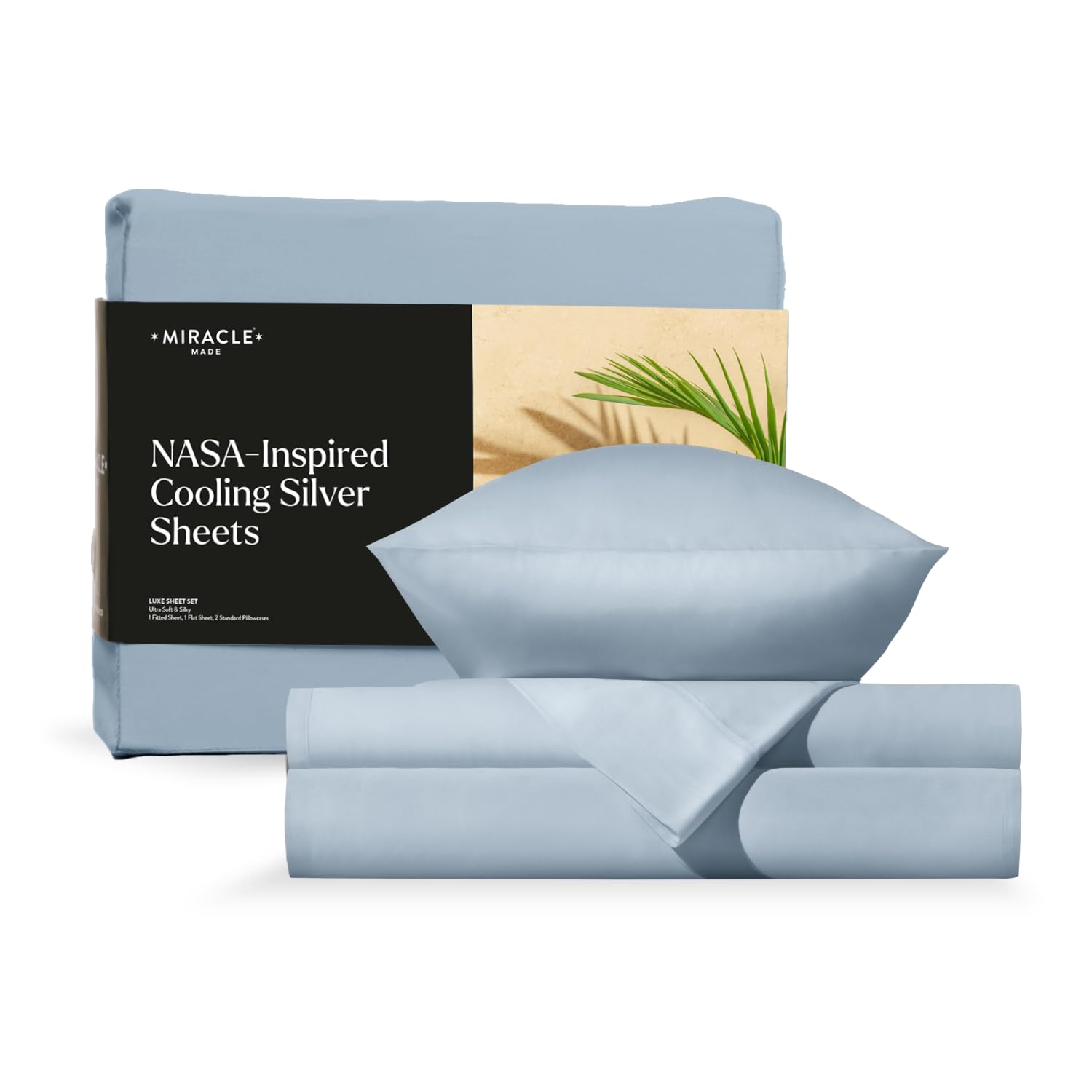 Miracle Made® Luxe Cooling Bed Sheets –Sky Blue,Queen– 4 Piece Silver Infused, 300-Thread-Count Thermoregulating Miracle Clean & Cool ™ Eucalyptus Fabric Sensitive Skin Ultra-Breathable Bedding